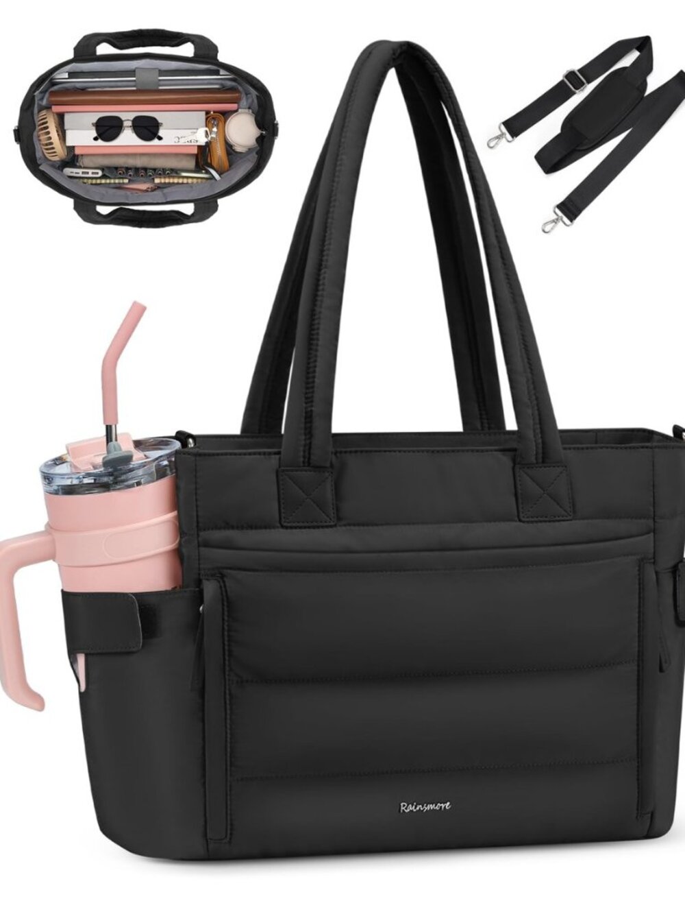 Puffer Tote Bag for Women with 40oz Tumbler Holder, Lightweight Quilted Work Bag